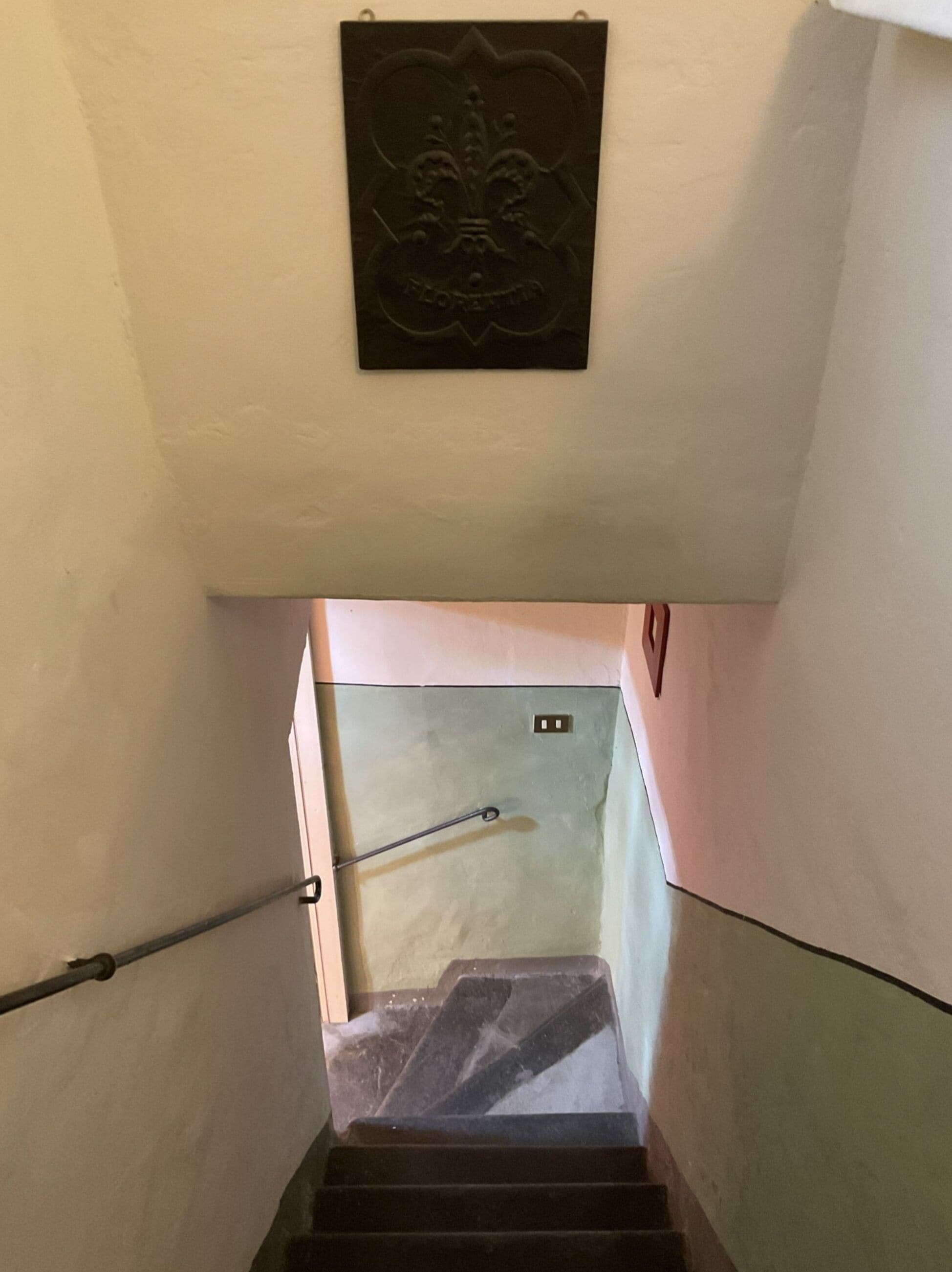 Eine Treppe mit Handlauf, einer Wandplatte und einer kleinen Steckdose.