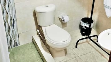 Shower, towels, soap, toilet paper