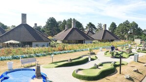 A landscaped garden with a small pool, benches, and a winding path.
