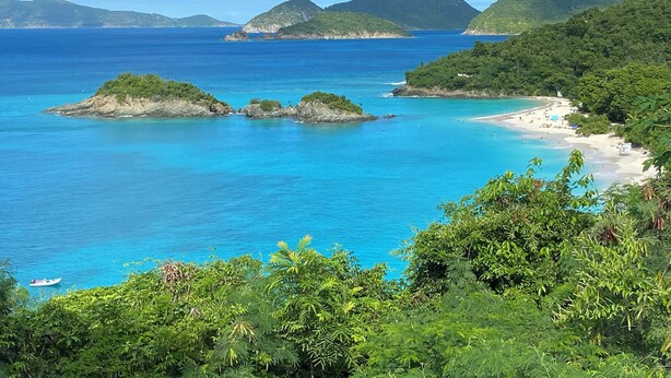 A coastal landscape with clear blue waters, a sandy beach, and lush greenery. - 2bed 2 bath with Shared Pool and a View. 7 mins to Cruz Bay! 15 mins to Beaches. (St. John)