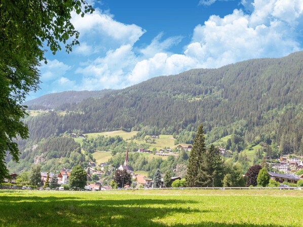 A rural village with houses, a church, and a mountain backdrop.