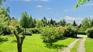 Een tuin met een pad van stenen dat naar een huis leidt.