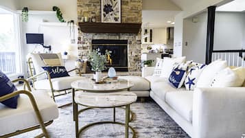 Smart TV, fireplace, video games, DVD player