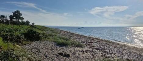 A beach with a clear sky, a sandy shore, and a few boats in the distance.