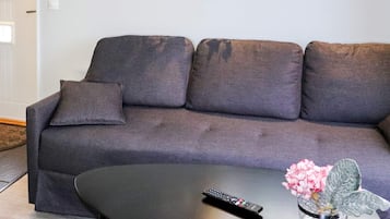 Un sofá gris con un cojín y una mesa de centro negra con un control remoto encima.