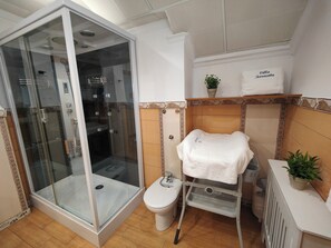 Shower, jetted tub, hair dryer, bidet