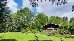Un prato curato con una piccola casa circondata da vegetazione lussureggiante e alberi.