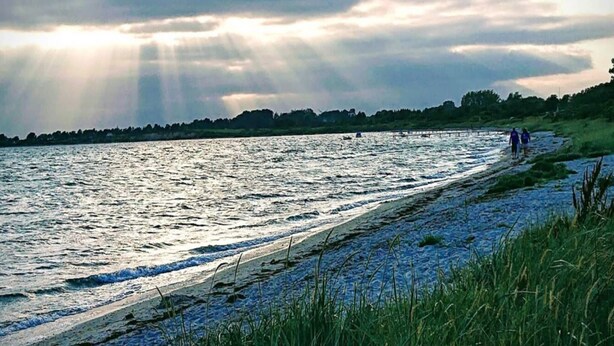 A beach with a clear view of the water and a distant shoreline. - 6 Person Holiday Home in Sydals (Sydals)