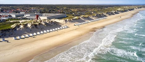 A coastal hotel with a long beachfront, sandy beach, and ocean waves.