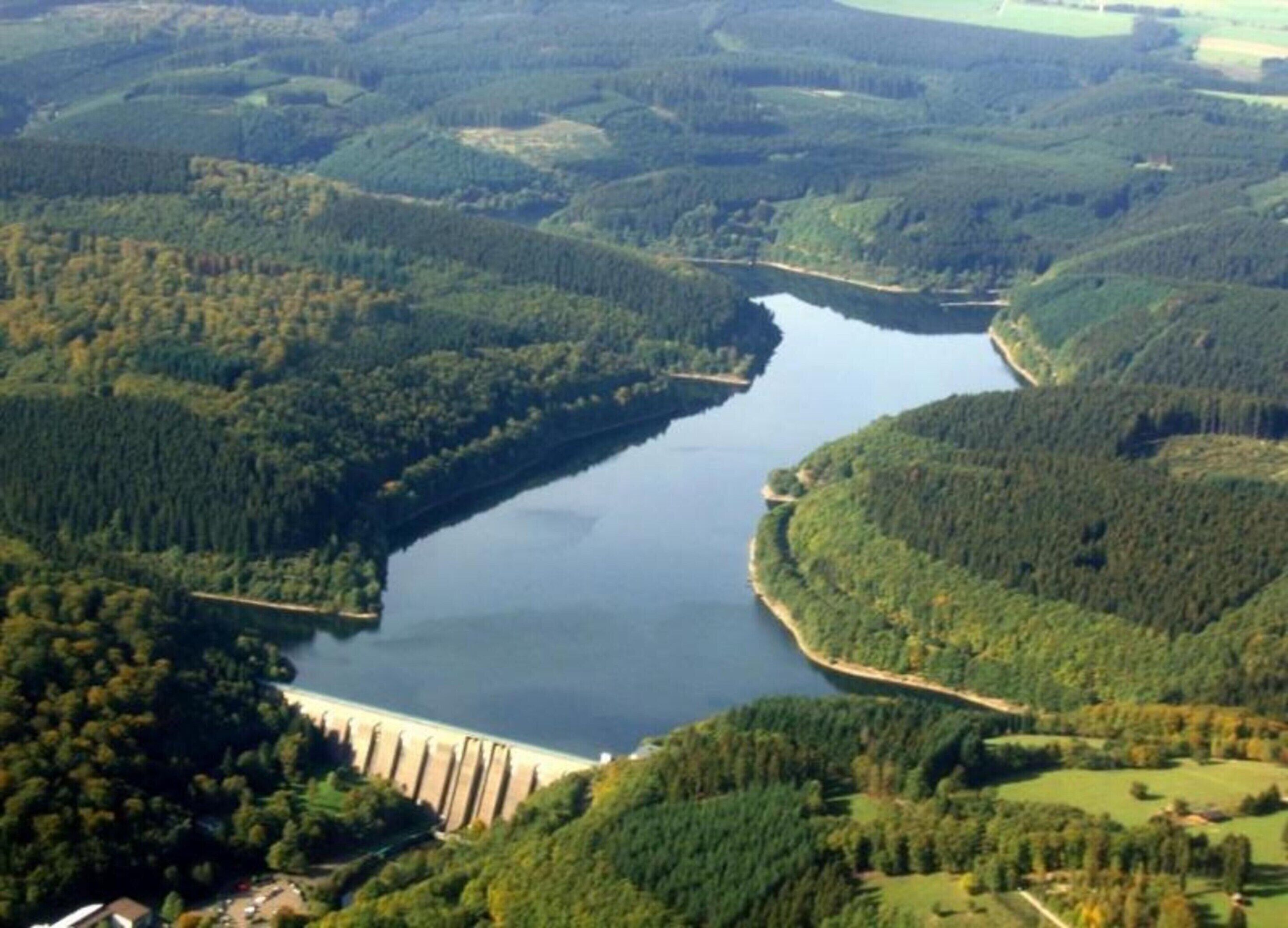 An aerial view of a river winding through a forested valley with a dam on one side.
