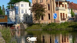 A calm river with swans swimming, surrounded by historic buildings with classic architecture. - Holiday Apartment Amsterdam (Plau am See)