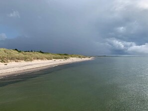 A beach with a sandy shore and a calm sea under a cloudy sky. - 12 Person Holiday Home in Rodby (Rodby)