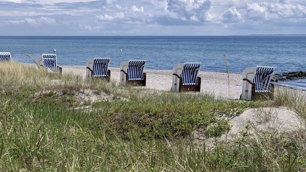 A beach with several striped beach chairs lined up facing the ocean. - Beach Apartment Nordstern (Scharbeutz)