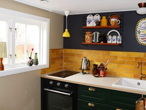 A kitchen with a stove, sink, and shelves above the counter. - 3 Person Holiday Home in Traslovslage (Träslövsläge)
