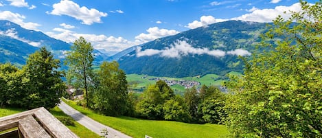 A scenic mountain landscape with a clear sky, a wooden bench, and a pathway leading through a green valley.
