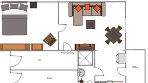 A hotel layout with a bedroom, living area, dining area, private room, and balcony. - Holiday Apartment Casabrema (Bremen)