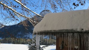 A wooden cabin with icicles hanging from the roof, surrounded by snow-covered ground and a mountainous backdrop. - Waterval in het Huis Boshoek (Aschau im Chiemgau)