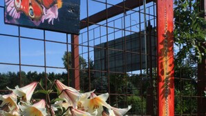 A metal fence with a red post, a metal gate, and a painted butterfly on the fence. - Living Lust 3 in Malchow (Malchow)
