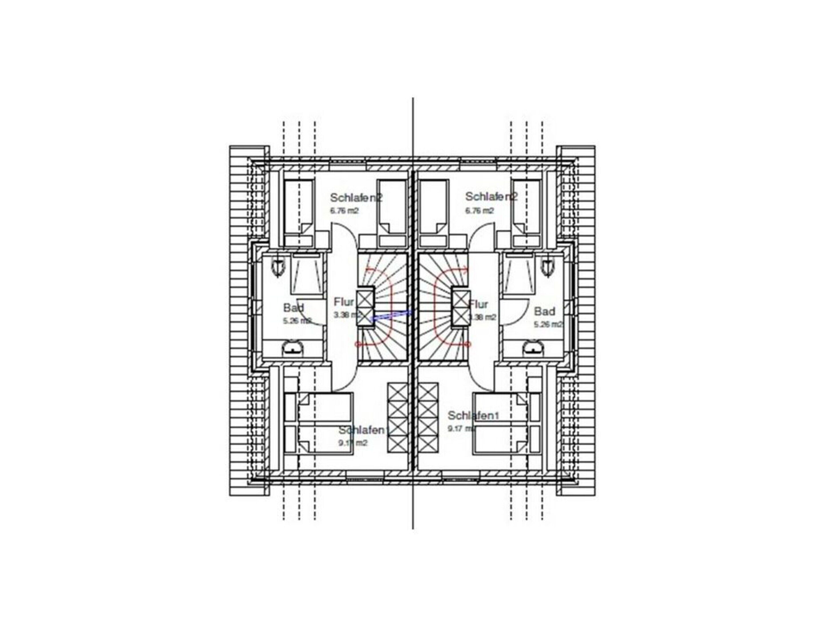 Un plan d’étage d’un hôtel comprenant deux chambres à coucher, étiquetées « Schlafzimmer 1 » et « Schlafzimmer 2 », chacune avec une salle de bain et un espace de vie. Le plan comprend également une « Bad » (salle de bain) et un « Flur » (couloir).
