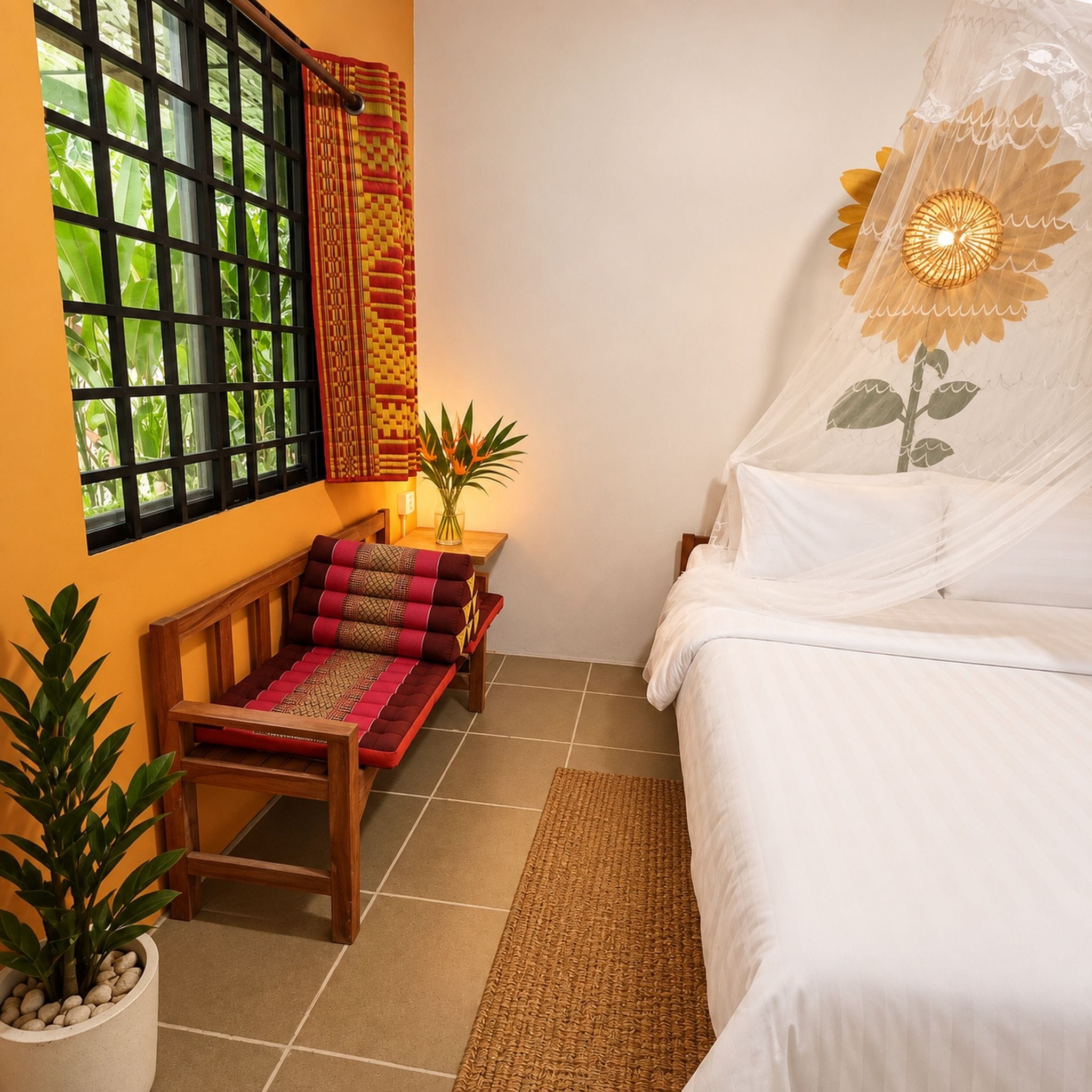 Una habitación con una cama, un ventanal con vistas a zonas verdes, un sofá con cojines estampados y una planta en maceta.