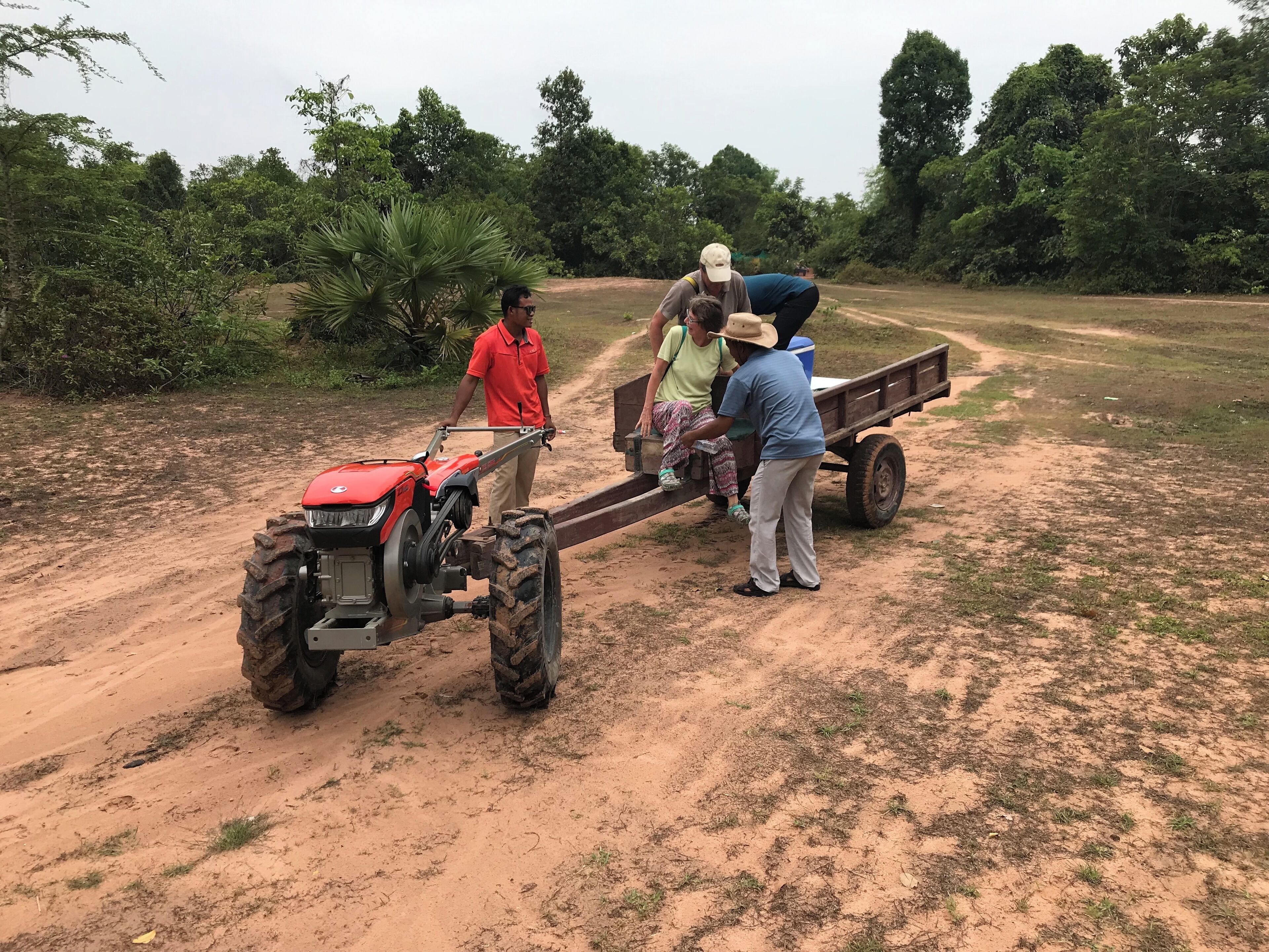 Un camino de tierra con un tractor rojo que tira un remolque de madera.