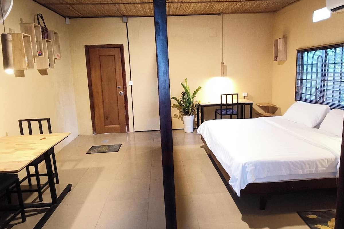 Een kamer met een bed, een bureau, een stoel, een kamerplant en een deur.