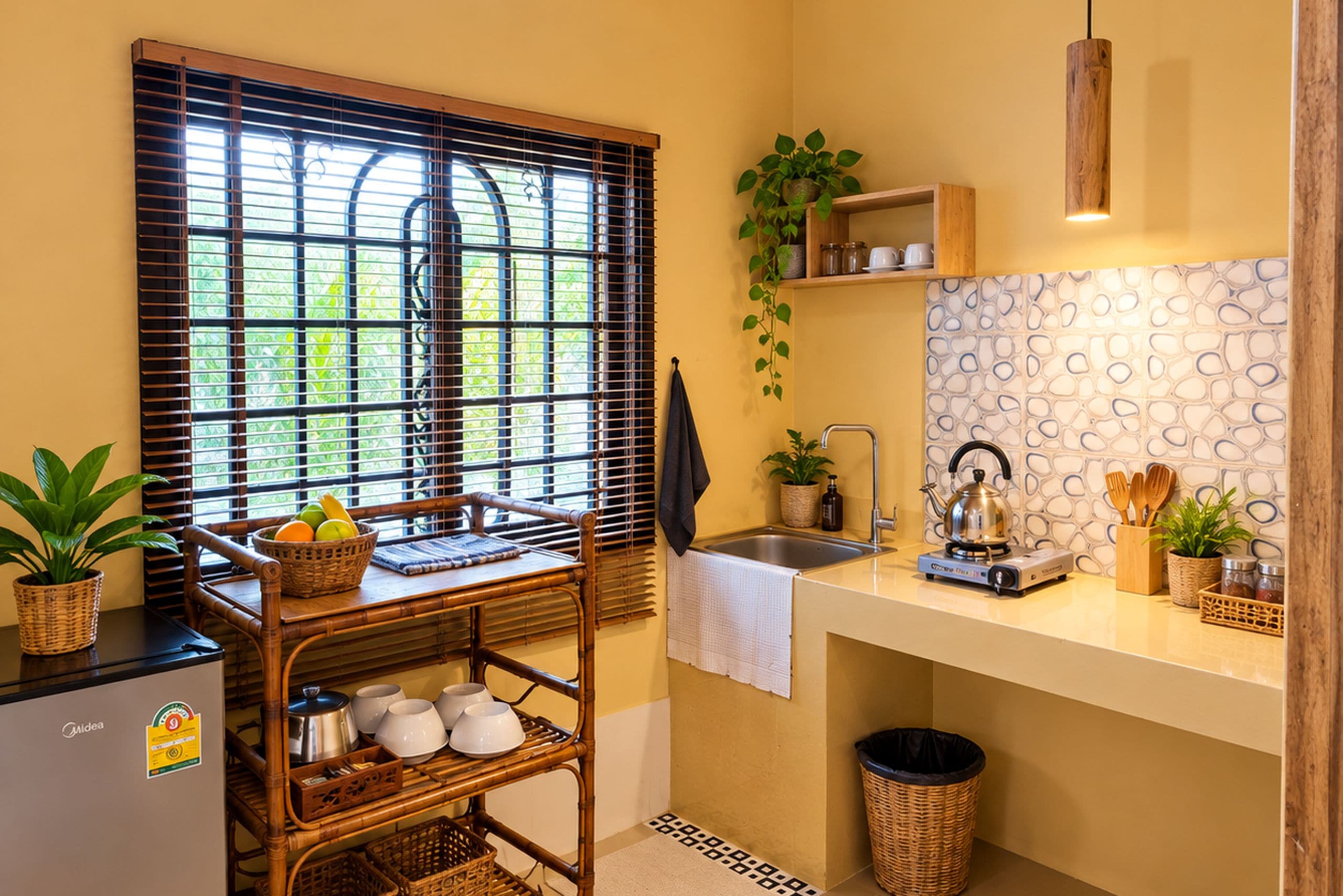 A compact kitchen with a bamboo shelf, a kettle, and a sink.
