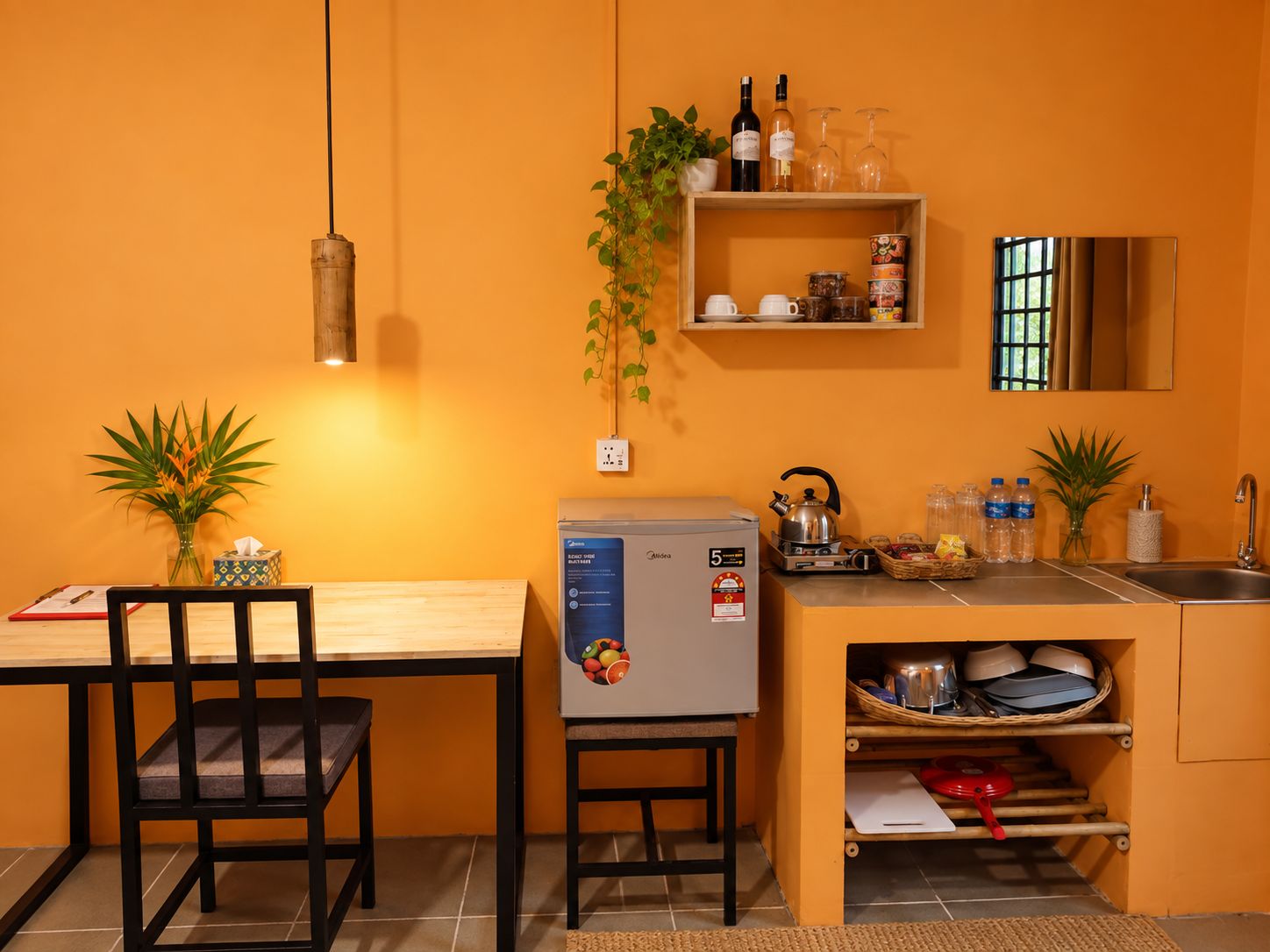 A compact kitchen with a refrigerator, a kettle, and a sink. There are two chairs and a small table.