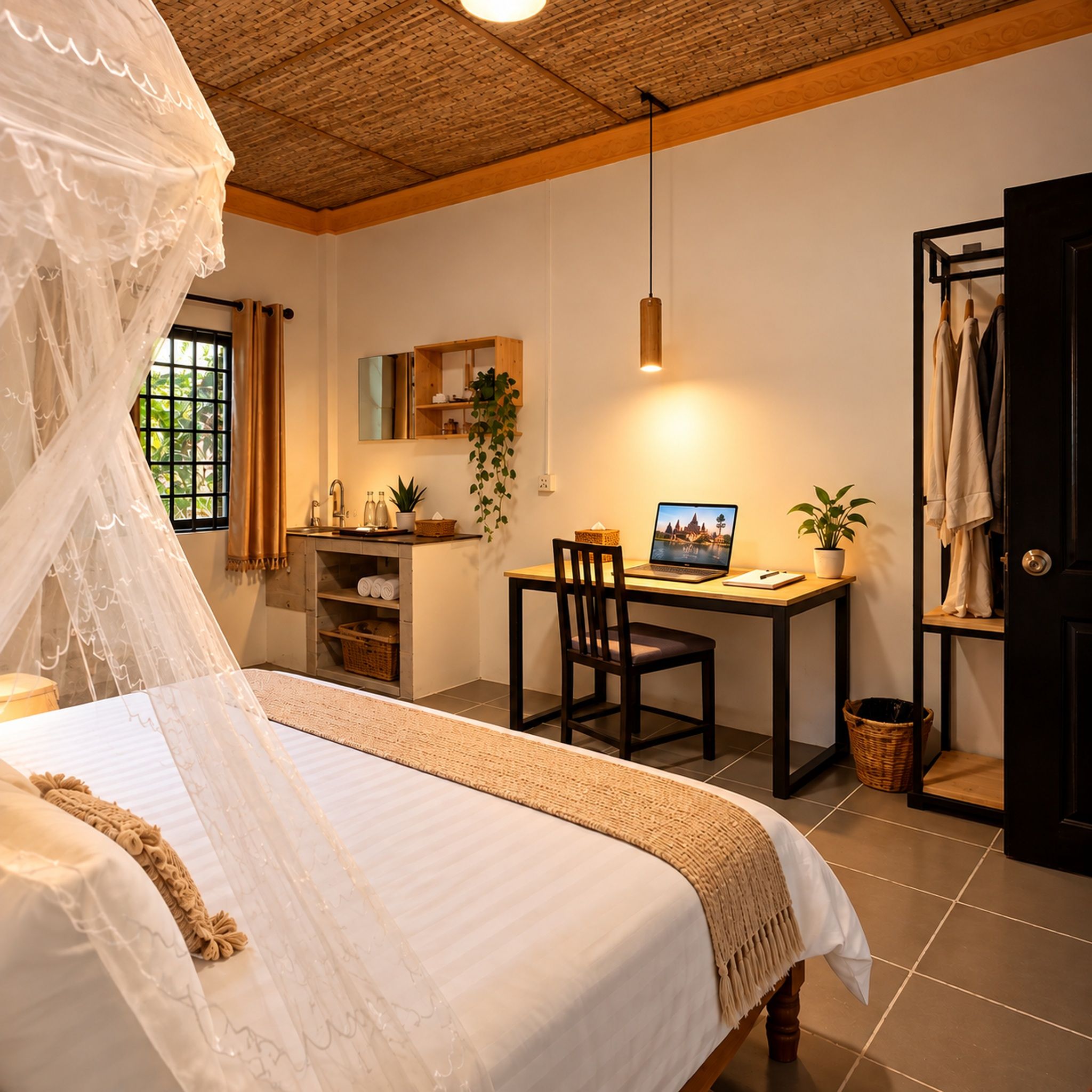 A bedroom with a bed, a desk, and a computer.