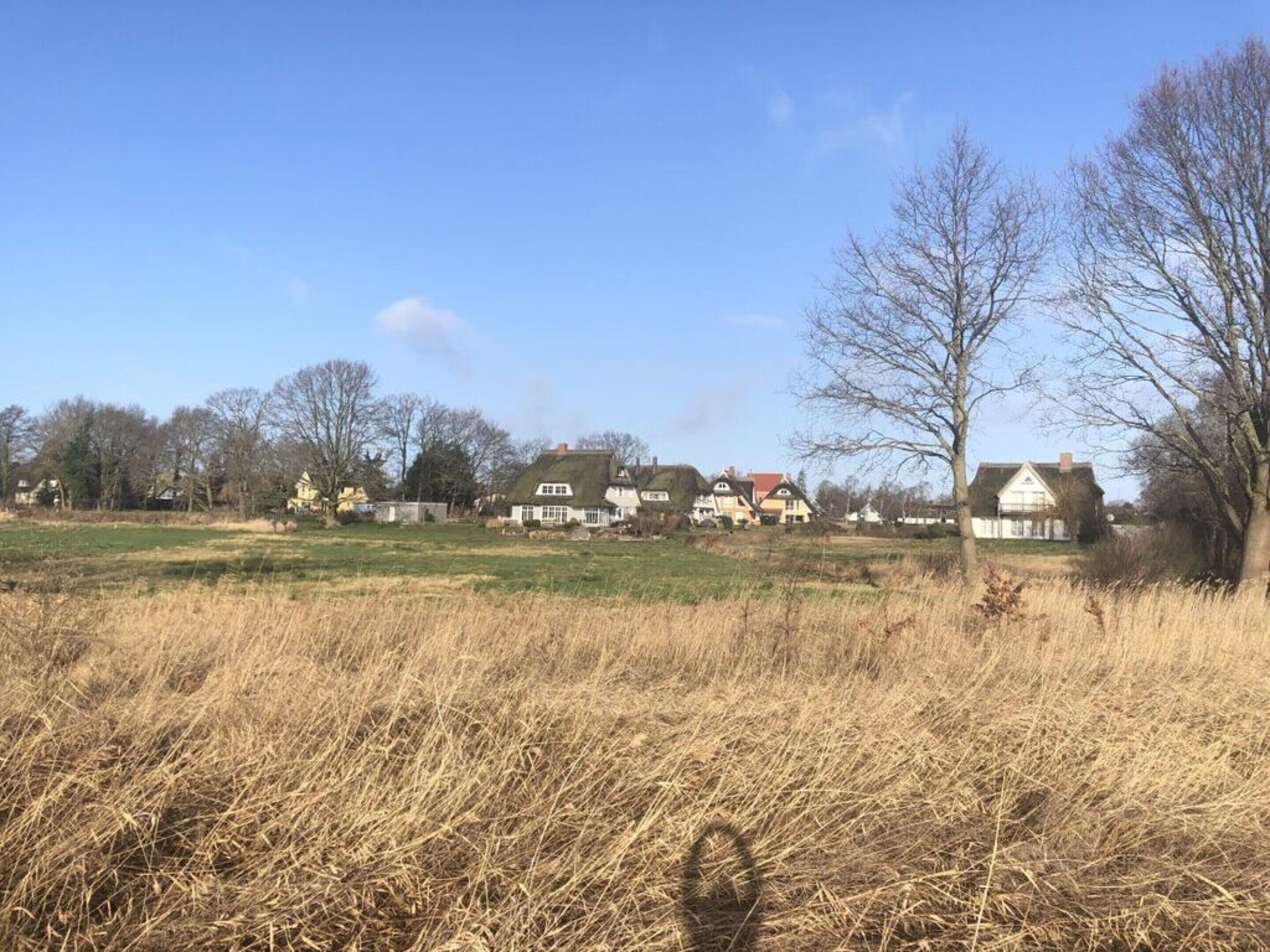 A rural landscape with houses and open fields.
