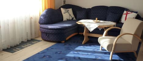 A living room with a blue sofa, a small table, a chair, and a patterned rug.