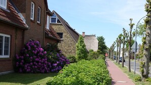A residential street with houses, a pathway, and trees. - Holiday Apartment Moby Dick (St. Peter-Ording)