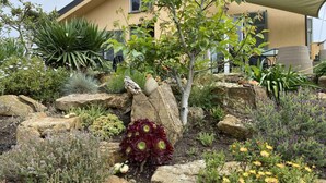 A landscaped garden with various plants and rocks in front of a building. - Holiday Apartment Monte Faudo (Cipressa)
