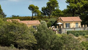 A villa with a tiled roof, surrounded by dense greenery and trees. - Holiday Apartment Monte Faudo (Cipressa)