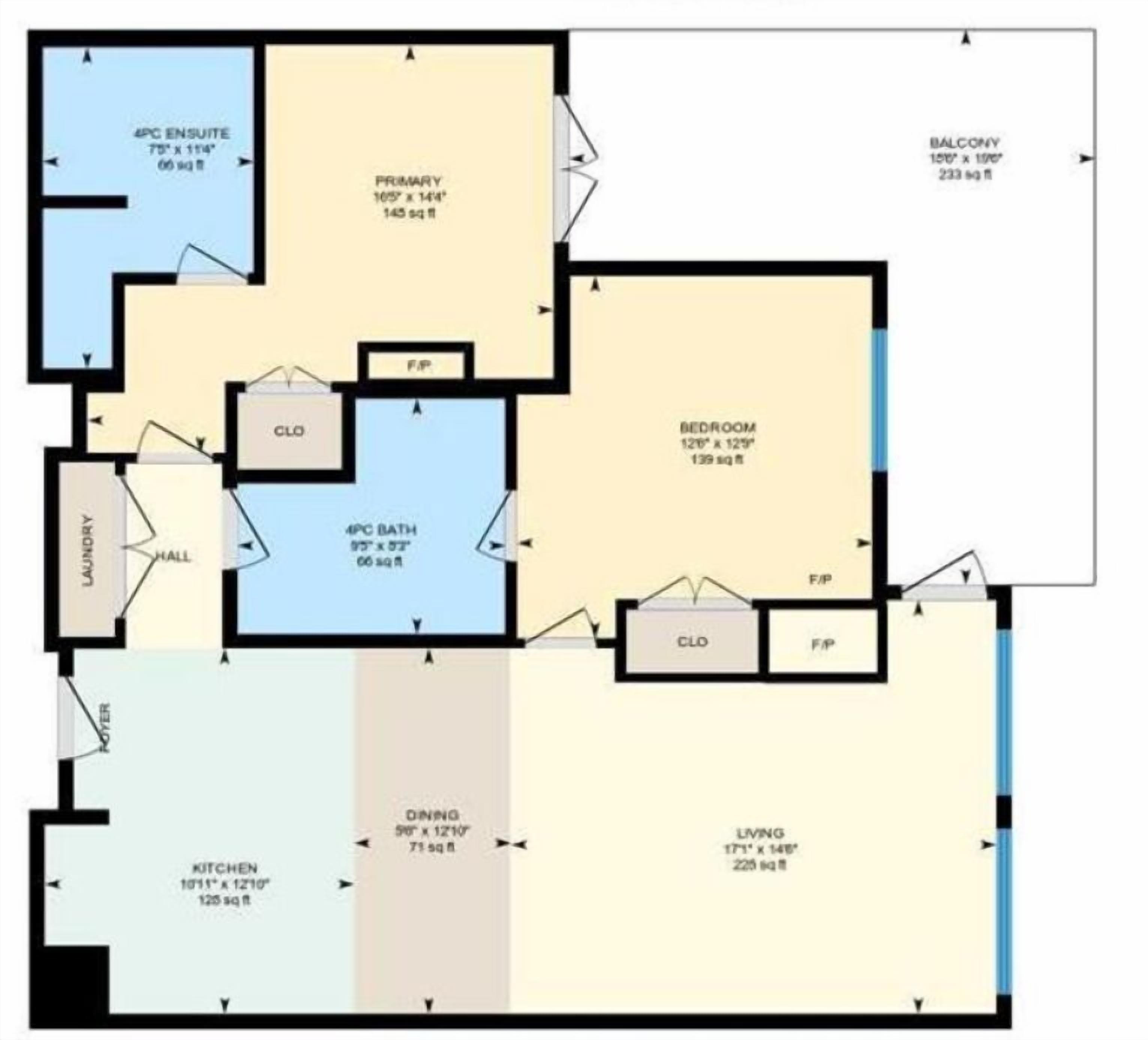 A floor plan with a primary bedroom, balcony, dining area, kitchen, living room, and a 4PC suite.