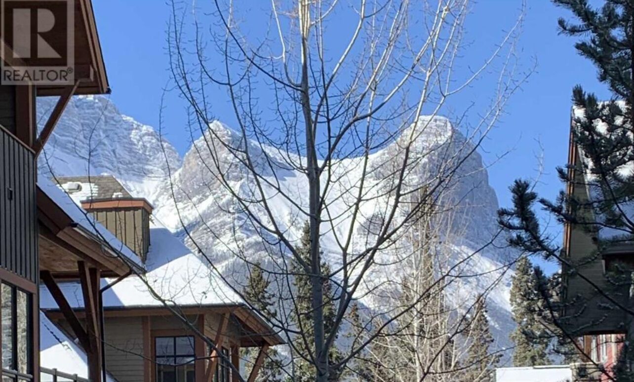 A mountain view with snow-covered peaks, a wooden building with a sign, and bare trees.