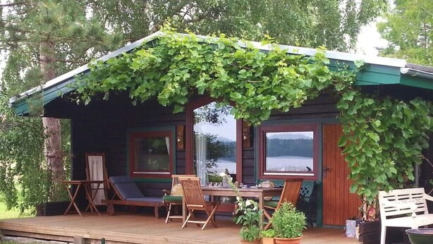 En mysig stuga med en inglasad veranda, trämöbler och krukväxter.
