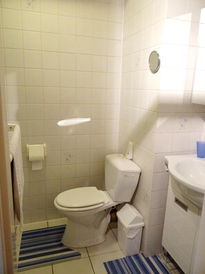 Pieni kylpyhuone, jossa on wc, pesuallas ja peili.