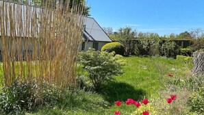 Un jardín con diversas plantas y flores, una valla de madera y una casa con techo de metal.