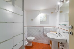 Shower, hair dryer, bidet, towels