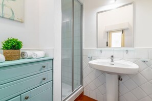 Shower, hair dryer, bidet, towels