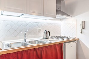 Fridge, microwave, stovetop, cookware/dishes/utensils