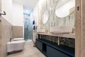 Shower, hair dryer, bidet, towels