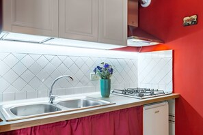 Frigorífico, microondas, placa de cocina y utensilios de cocina