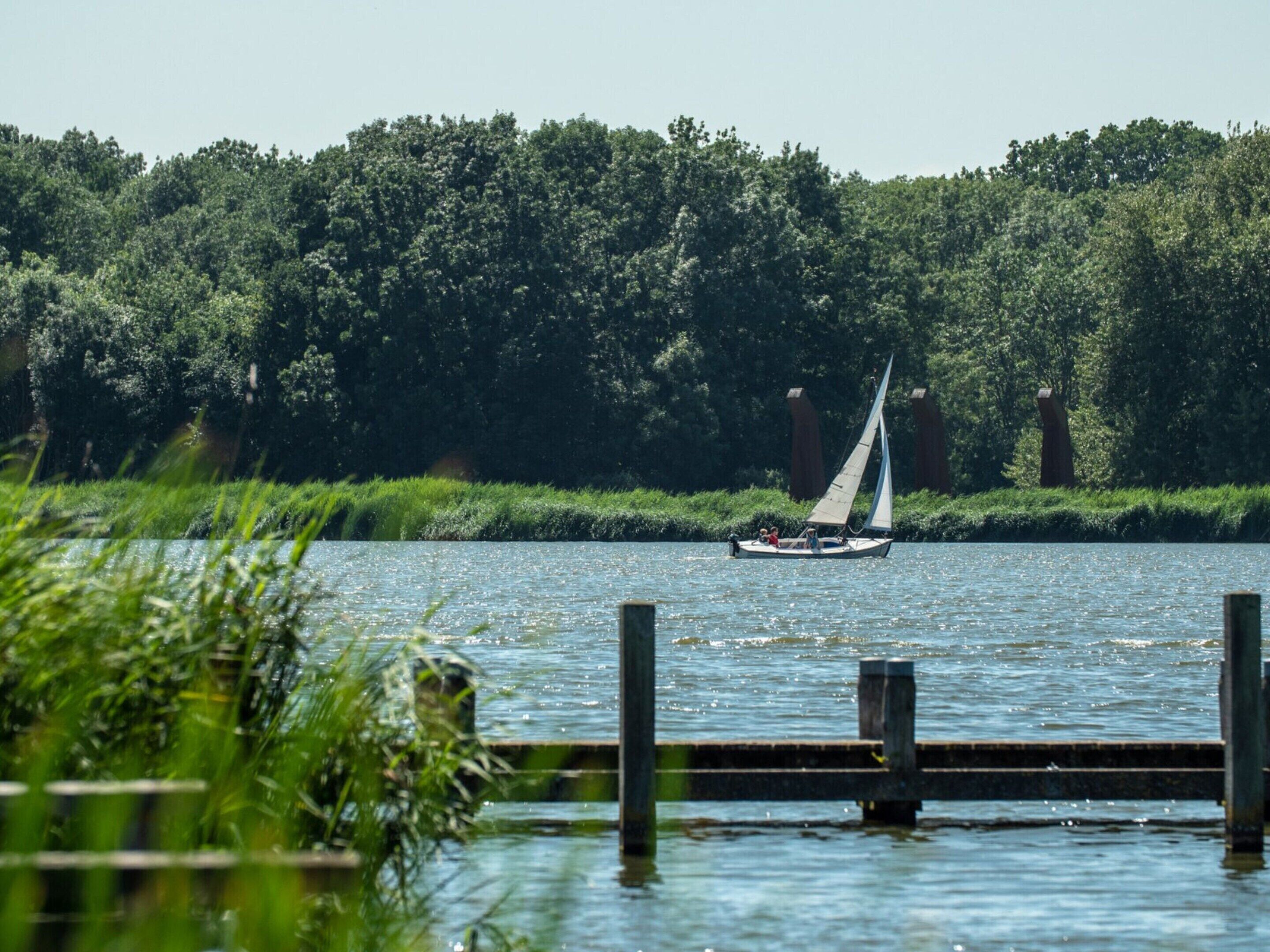 Un velero en un río tranquilo, con un muelle en primer plano y abundante vegetación al fondo.