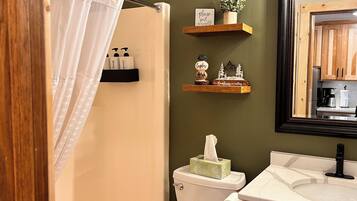 Hair dryer, towels, soap, shampoo