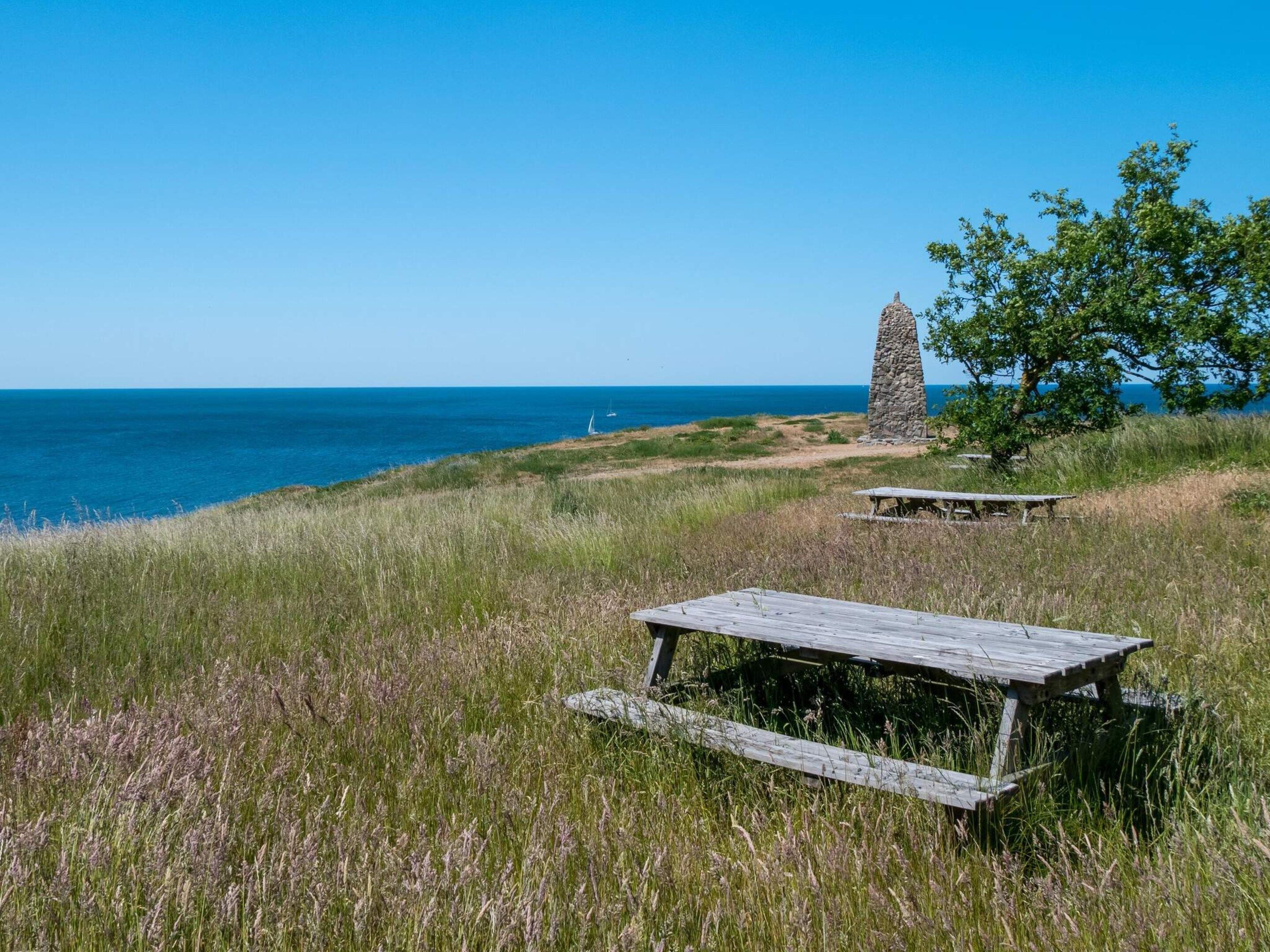 A grassy area with a wooden picnic table and a stone structure.