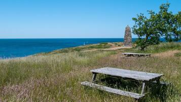 A grassy area with a wooden picnic table and a stone structure.