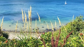 A coastal scene with clear water, a sailboat, and vegetation. - 5 Star Holiday Home in Hundested (Hundested)