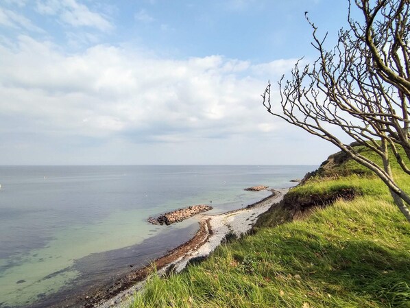 A coastal landscape with a clear sky, a grassy area, and a rocky shoreline.